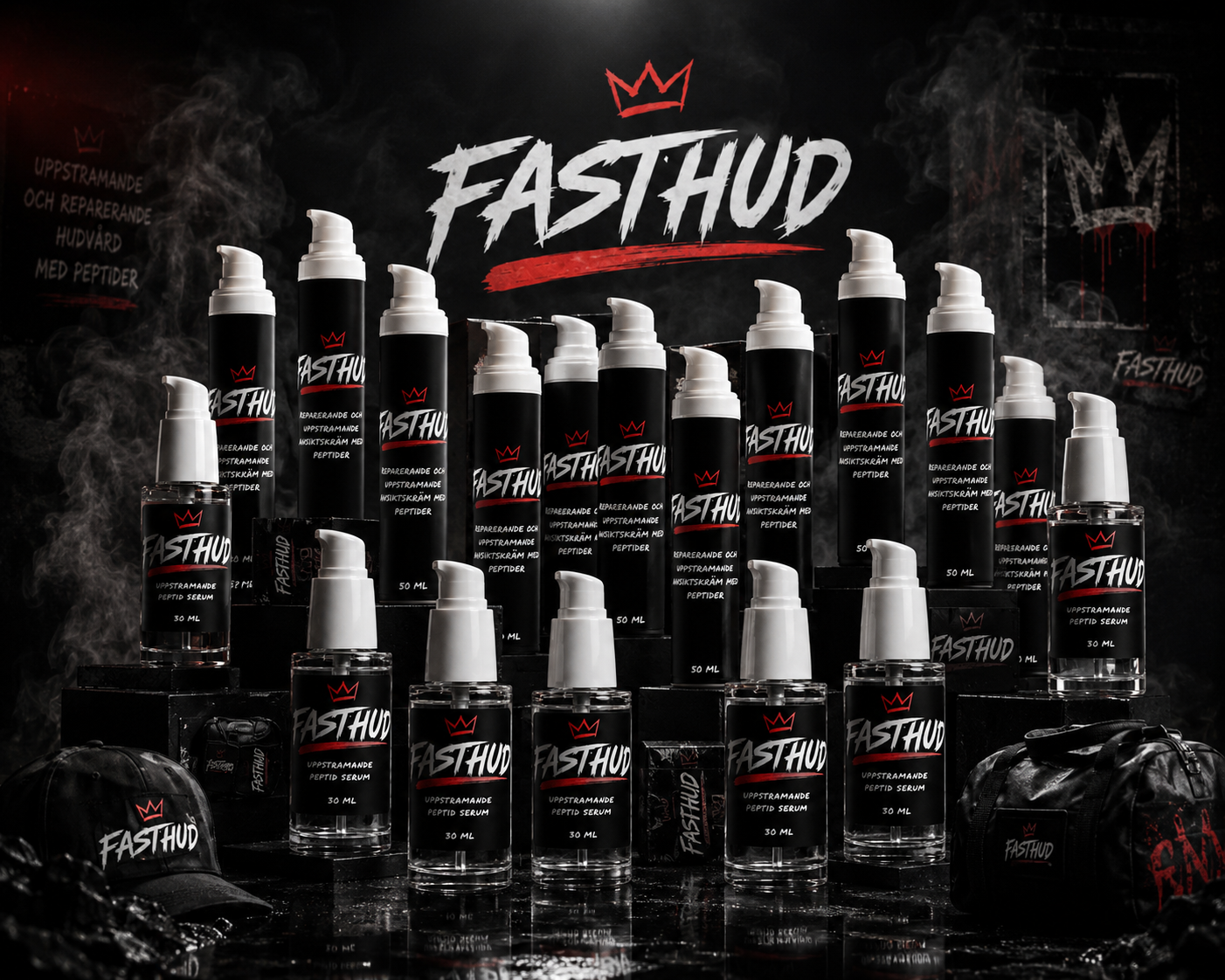 FASTHUD-produkter uppställda i rök mot svart bakgrund